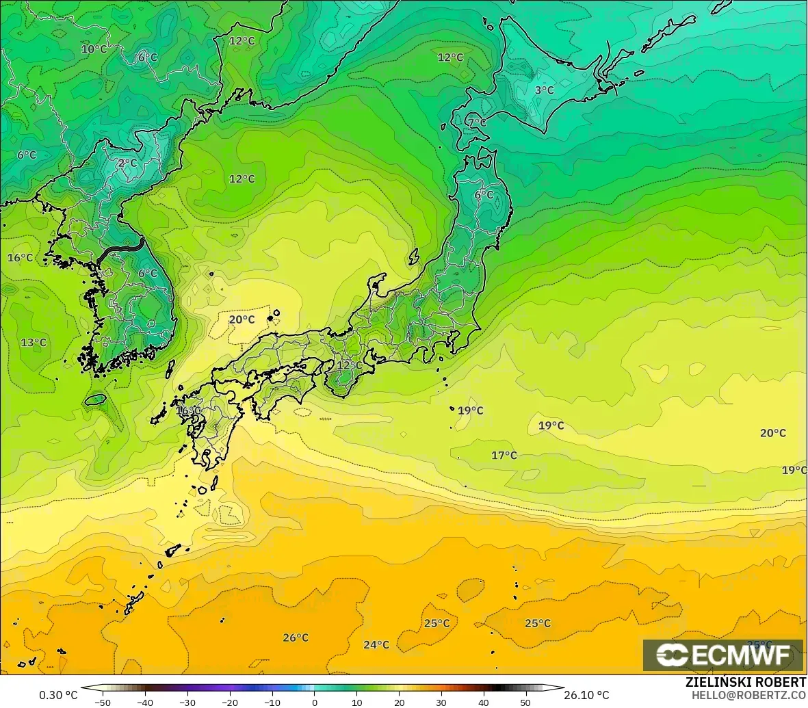 ECMWF IFS 0.25° modelo - Japón, Punto de rocío a 2 m