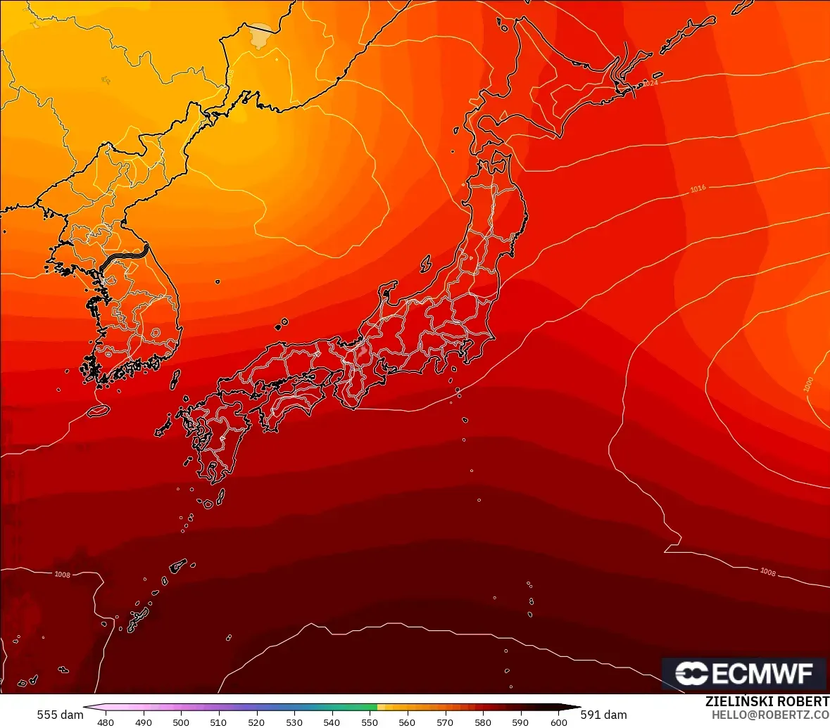 ECMWF IFS 0.25° modelo - Japón, Altura geopotencial a 500 hPa