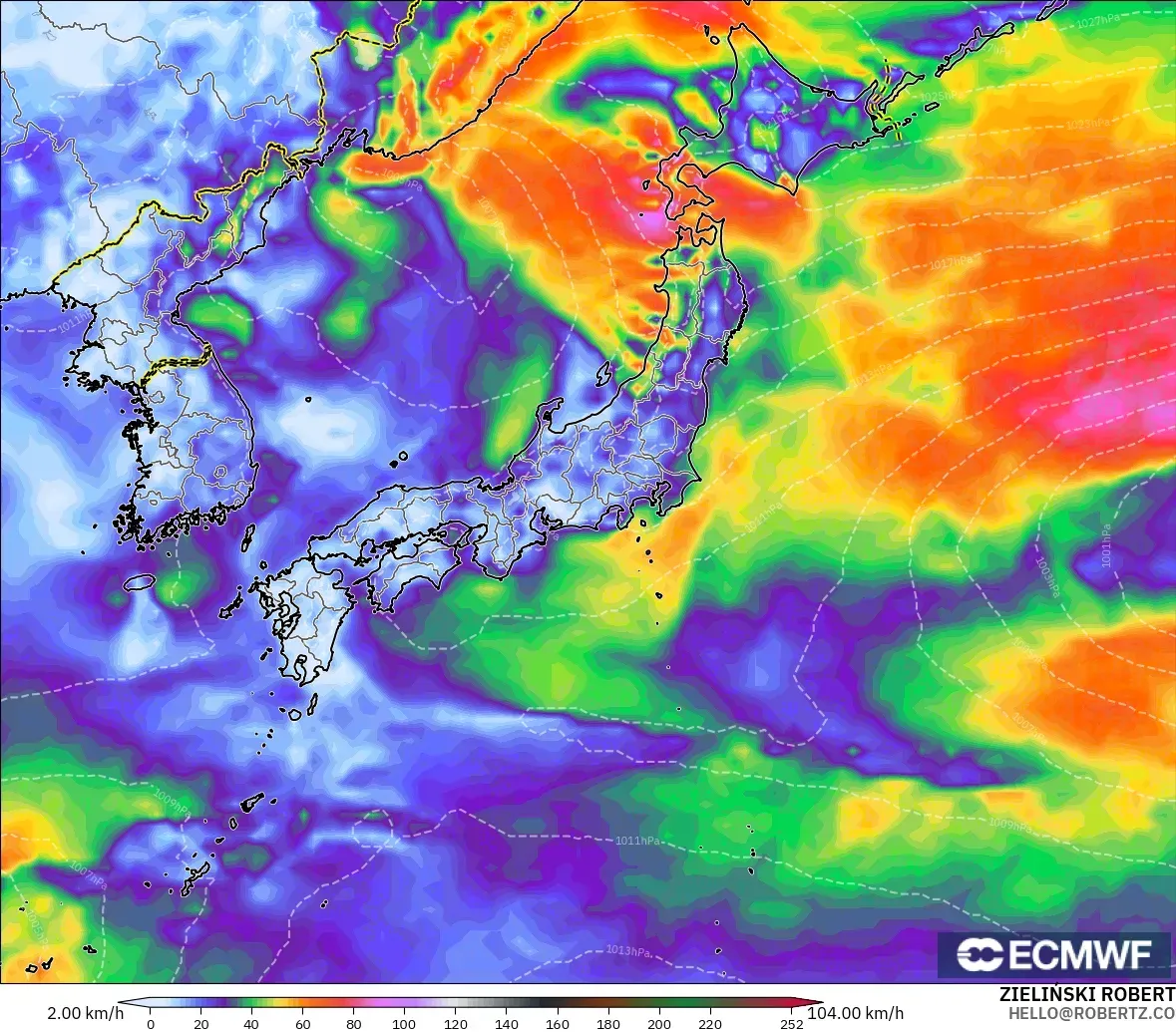 ECMWF IFS 0.25° modelo - Japón, Ráfagas de viento