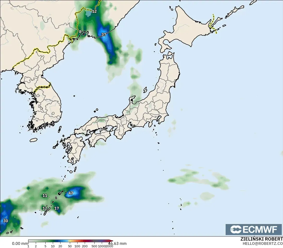 ECMWF IFS 0.25° modelo - Japón, Acumulación de precipitación