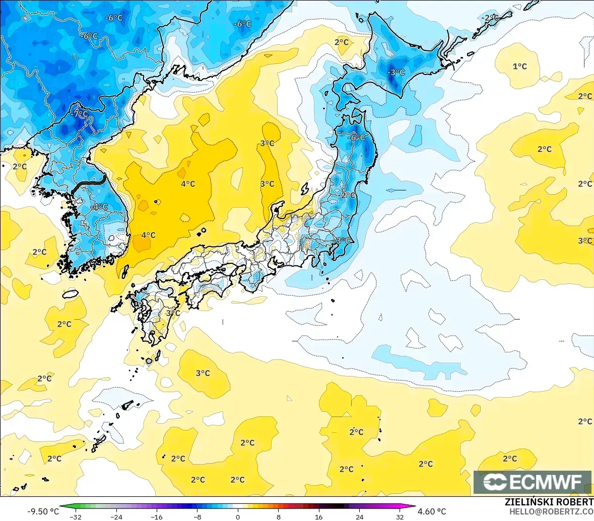 ECMWF IFS 0.25° modelo - Japón, Anomalía de temperatura a 2 m