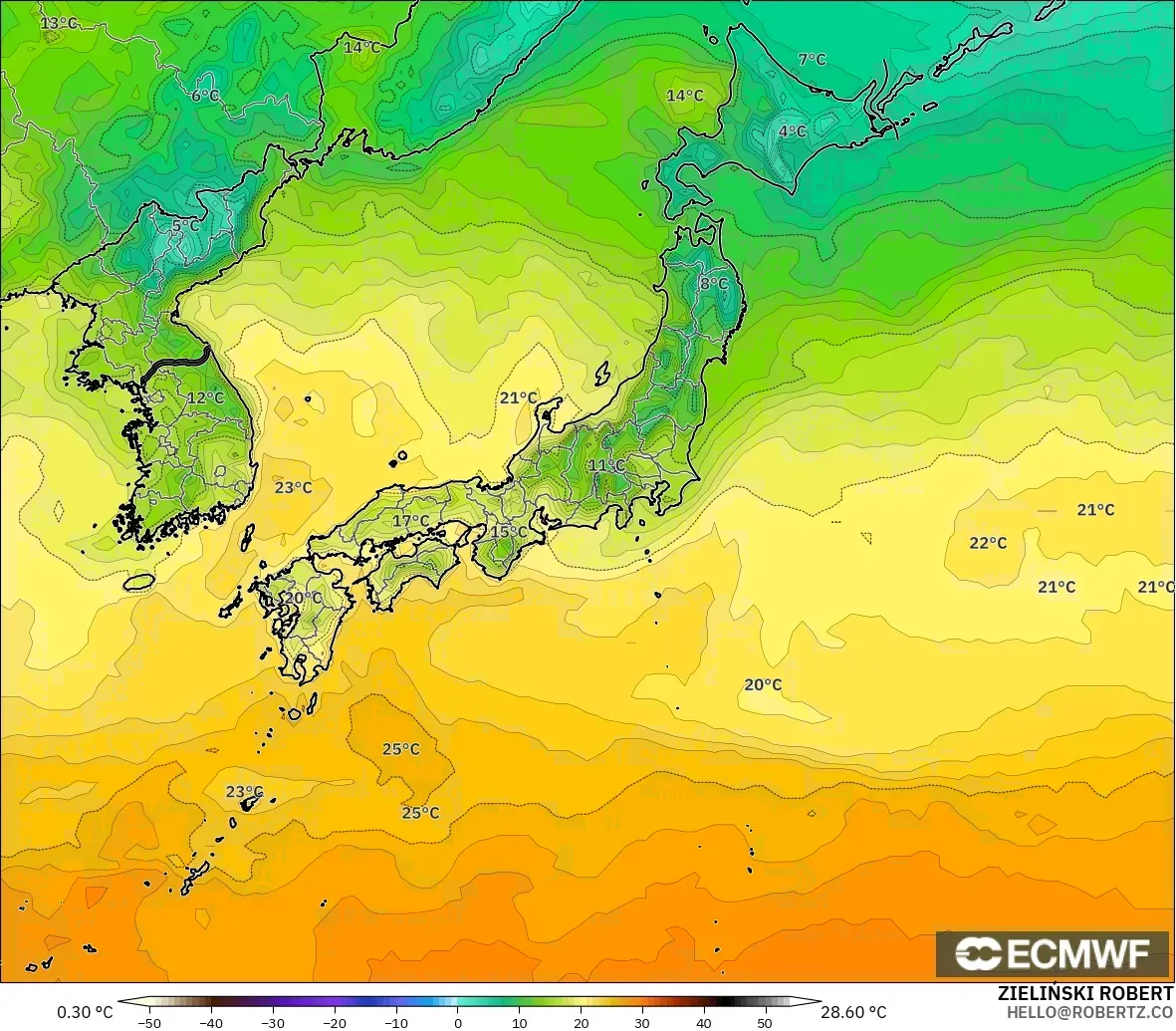 ECMWF IFS 0.25° modelo - Japón, Temperatura a 2 m