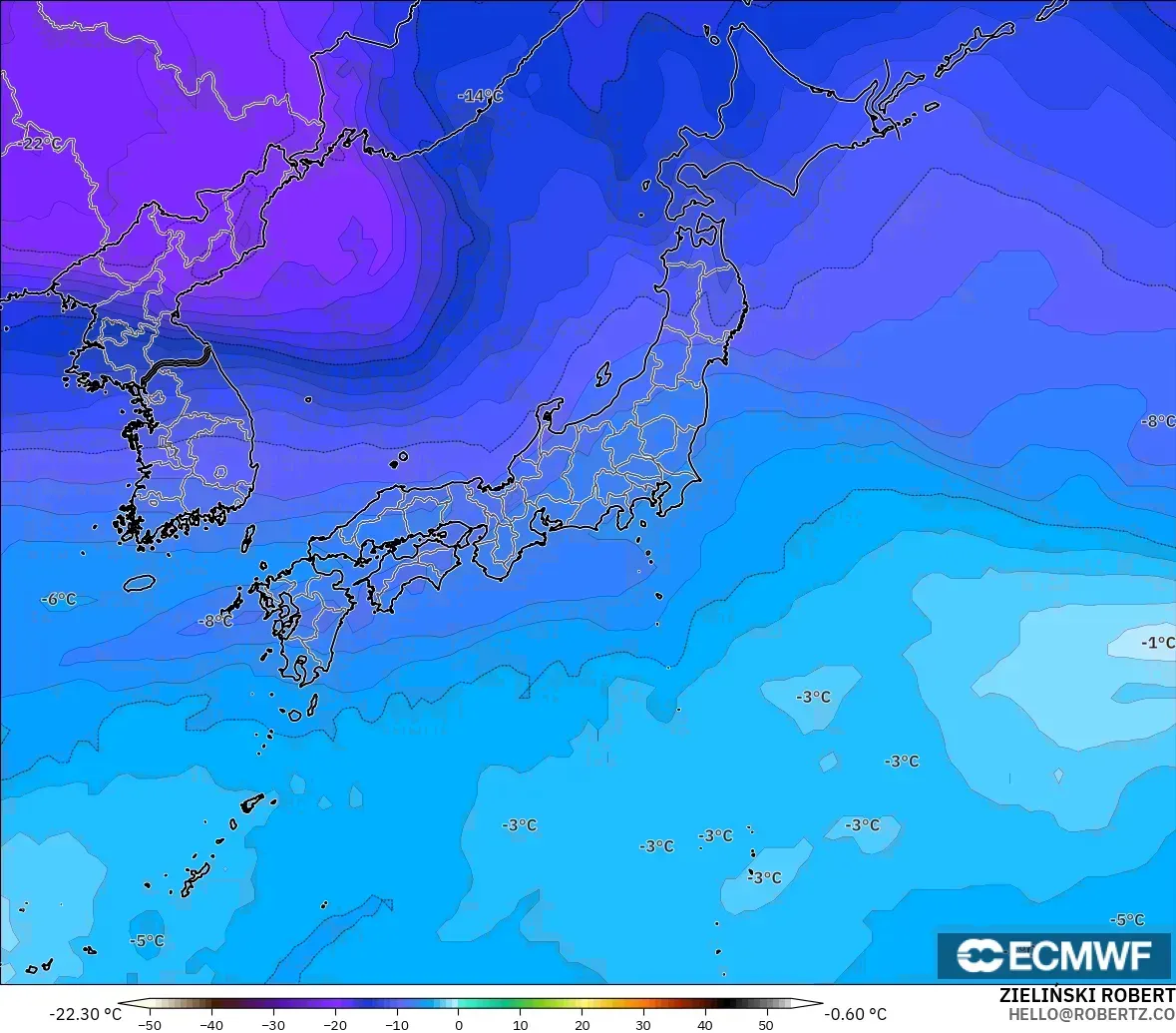 ECMWF IFS 0.25° modelo - Japón, Temperatura a 500 hPa