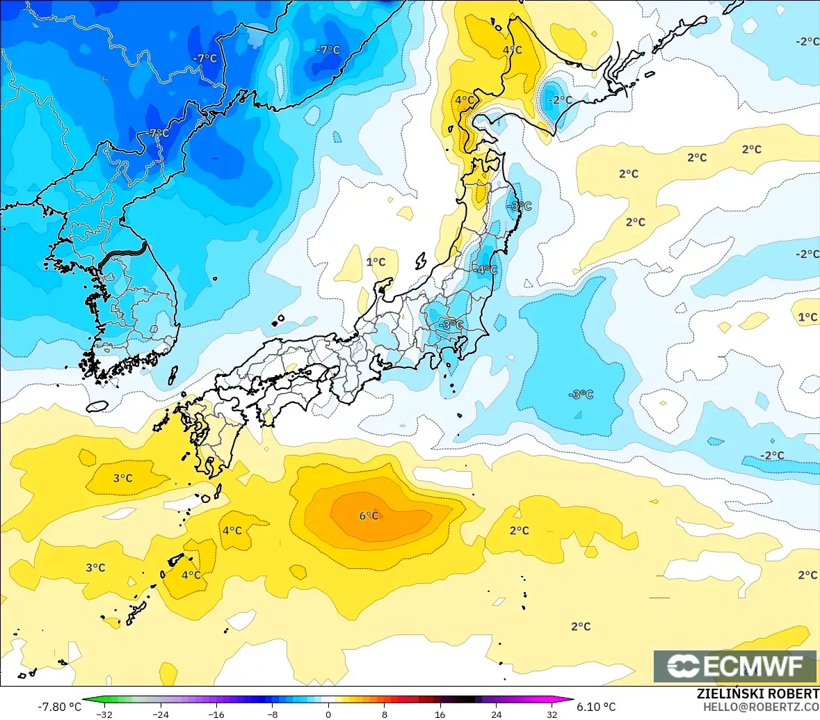 ECMWF IFS 0.25° modelo - Japón, Anomalía de temperatura a 850 hPa