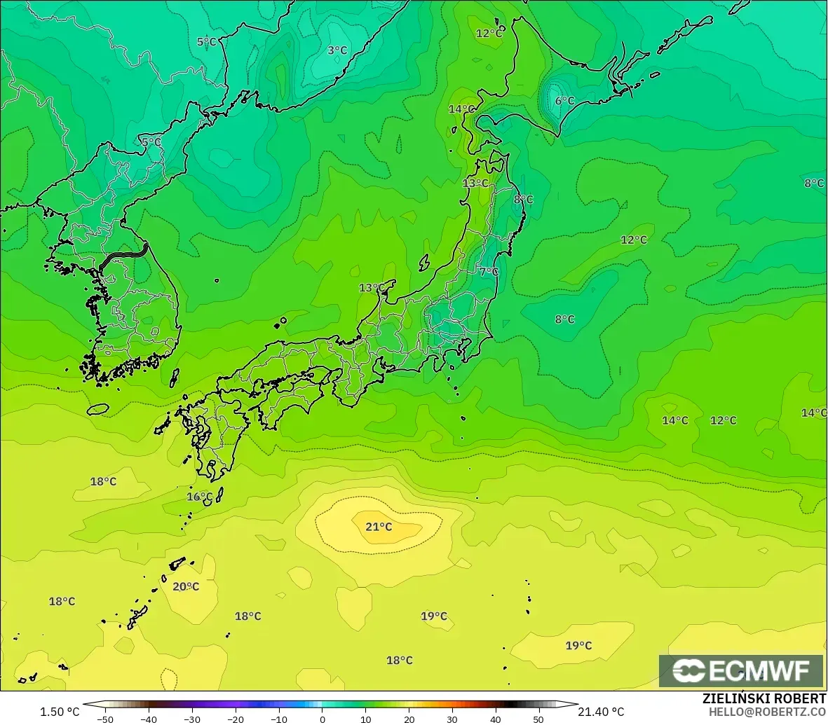 ECMWF IFS 0.25° modelo - Japón, Temperatura a 850 hPa