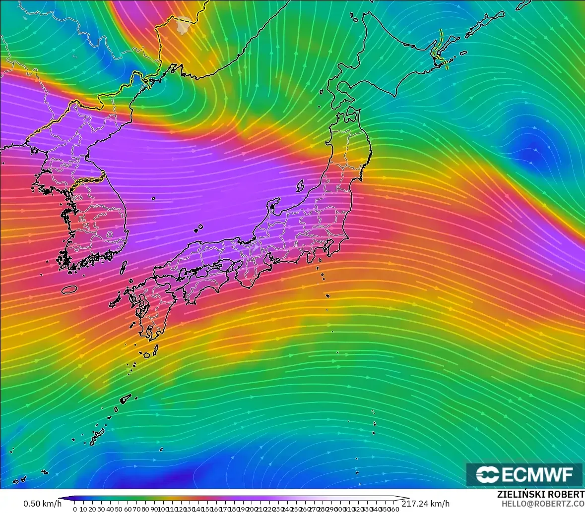 ECMWF IFS 0.25° modelo - Japón, Viento a 300 hPa (corriente en chorro)