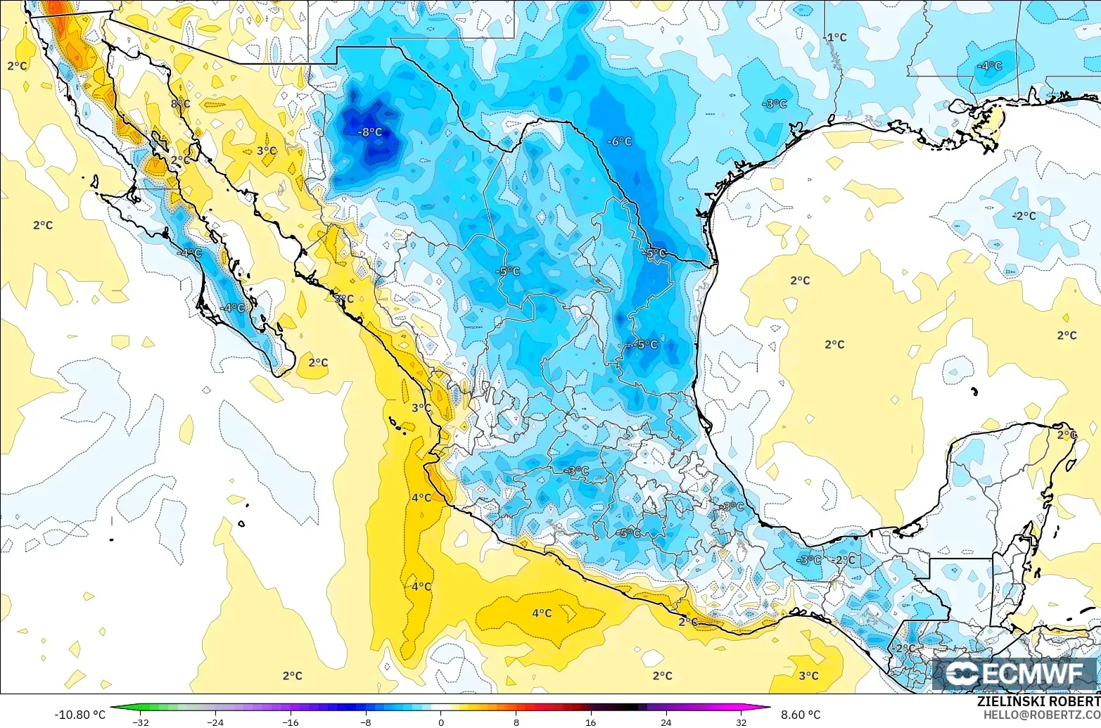 ECMWF IFS 0.25° modelo - México, Anomalía de temperatura a 2 m