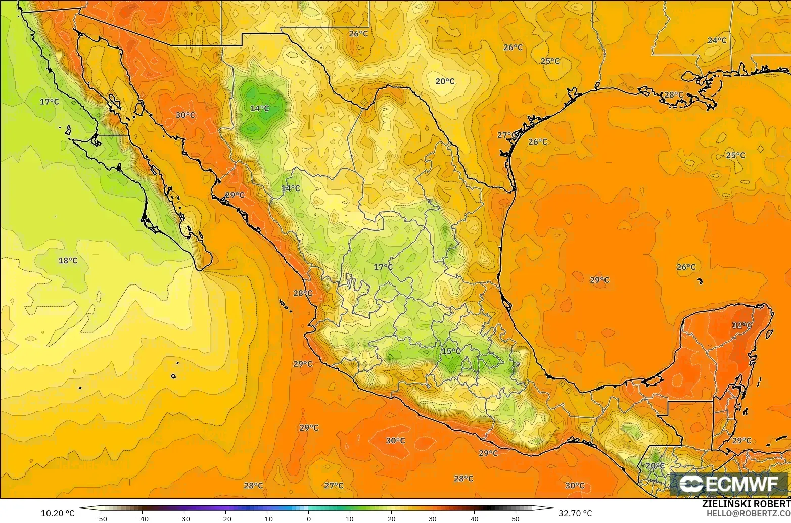 ECMWF IFS 0.25° modelo - México, Temperatura a 2 m
