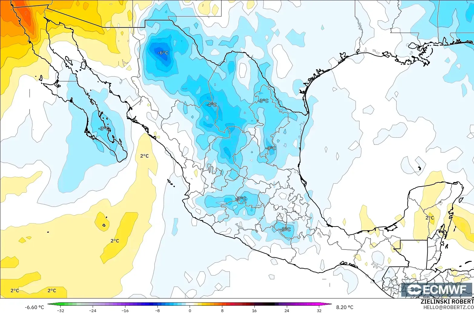ECMWF IFS 0.25° modelo - México, Anomalía de temperatura a 850 hPa