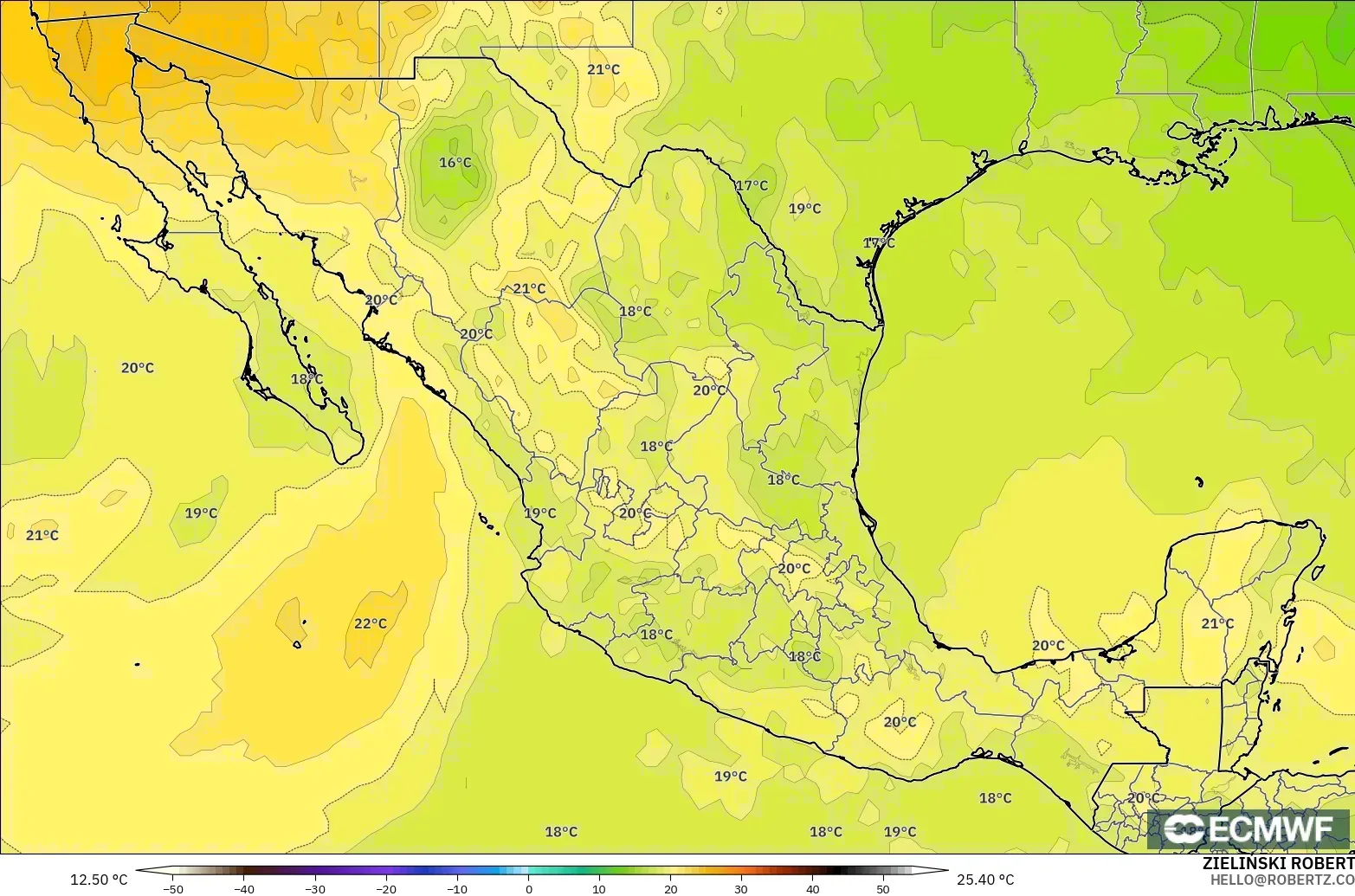ECMWF IFS 0.25° modelo - México, Temperatura a 850 hPa