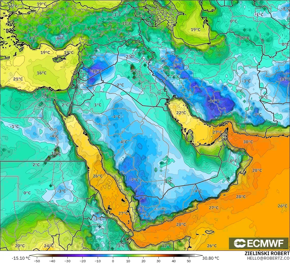 ECMWF IFS 0.25° modelo - Oriente Medio, Punto de rocío a 2 m