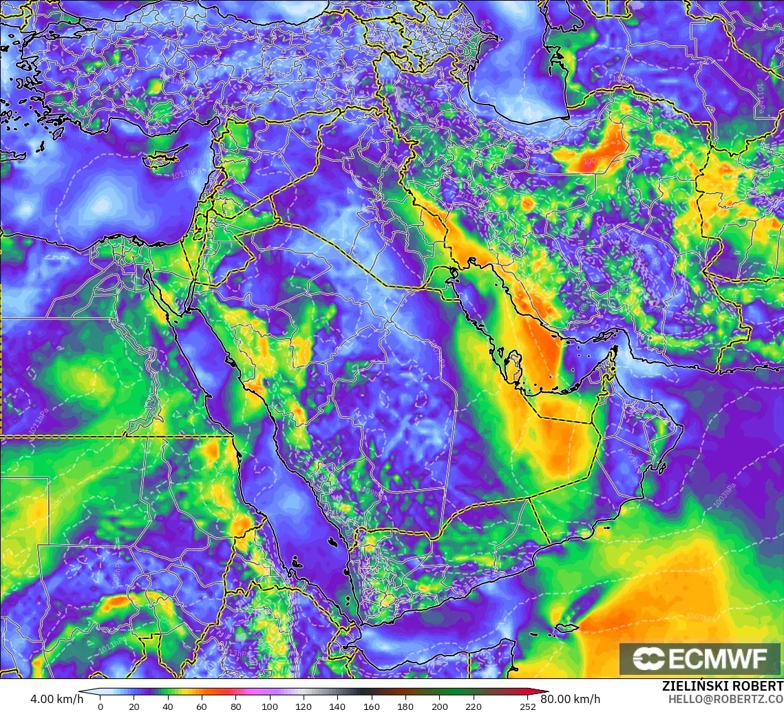 ECMWF IFS 0.25° modelo - Oriente Medio, Ráfagas de viento