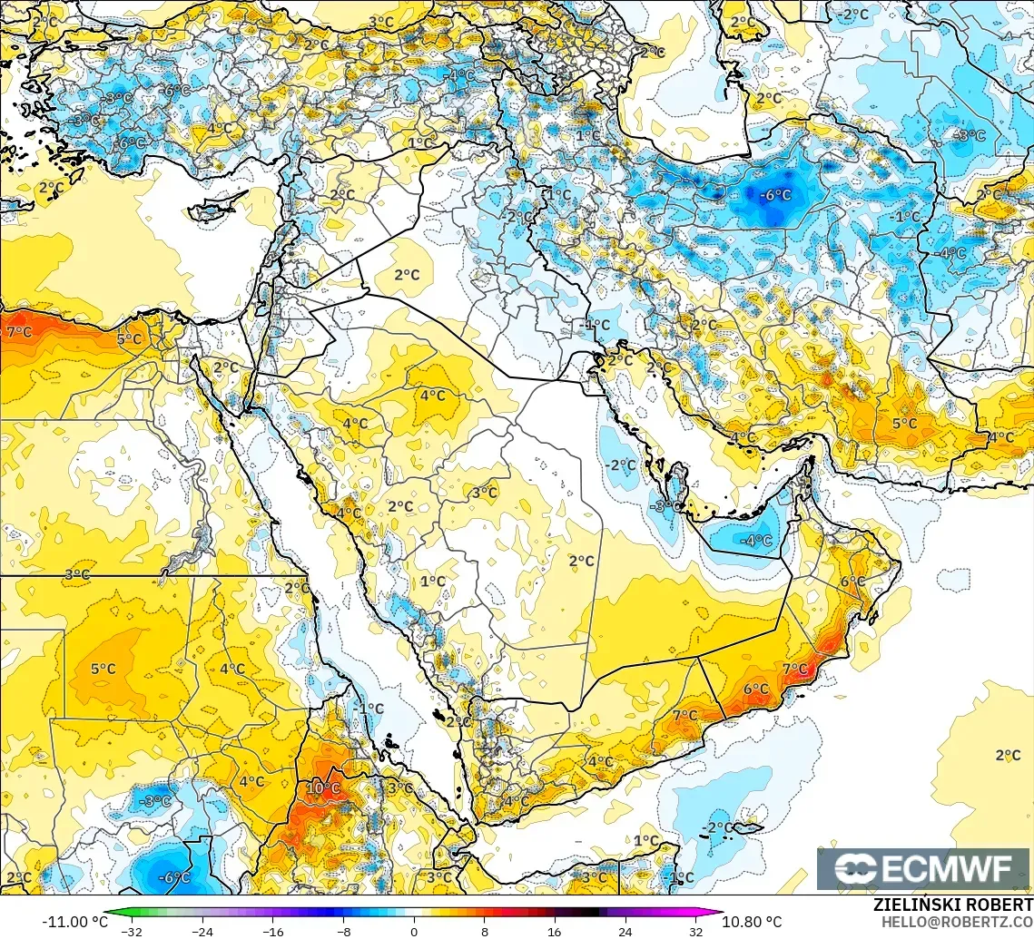 ECMWF IFS 0.25° modelo - Oriente Medio, Anomalía de temperatura a 2 m
