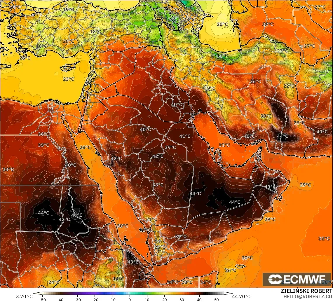 ECMWF IFS 0.25° modelo - Oriente Medio, Temperatura a 2 m