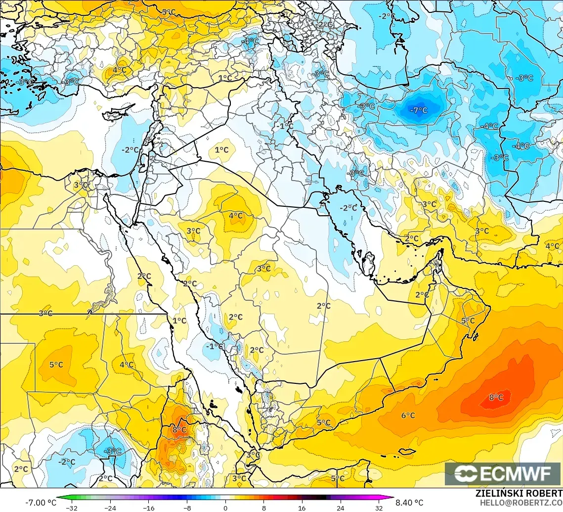 ECMWF IFS 0.25° modelo - Oriente Medio, Anomalía de temperatura a 850 hPa