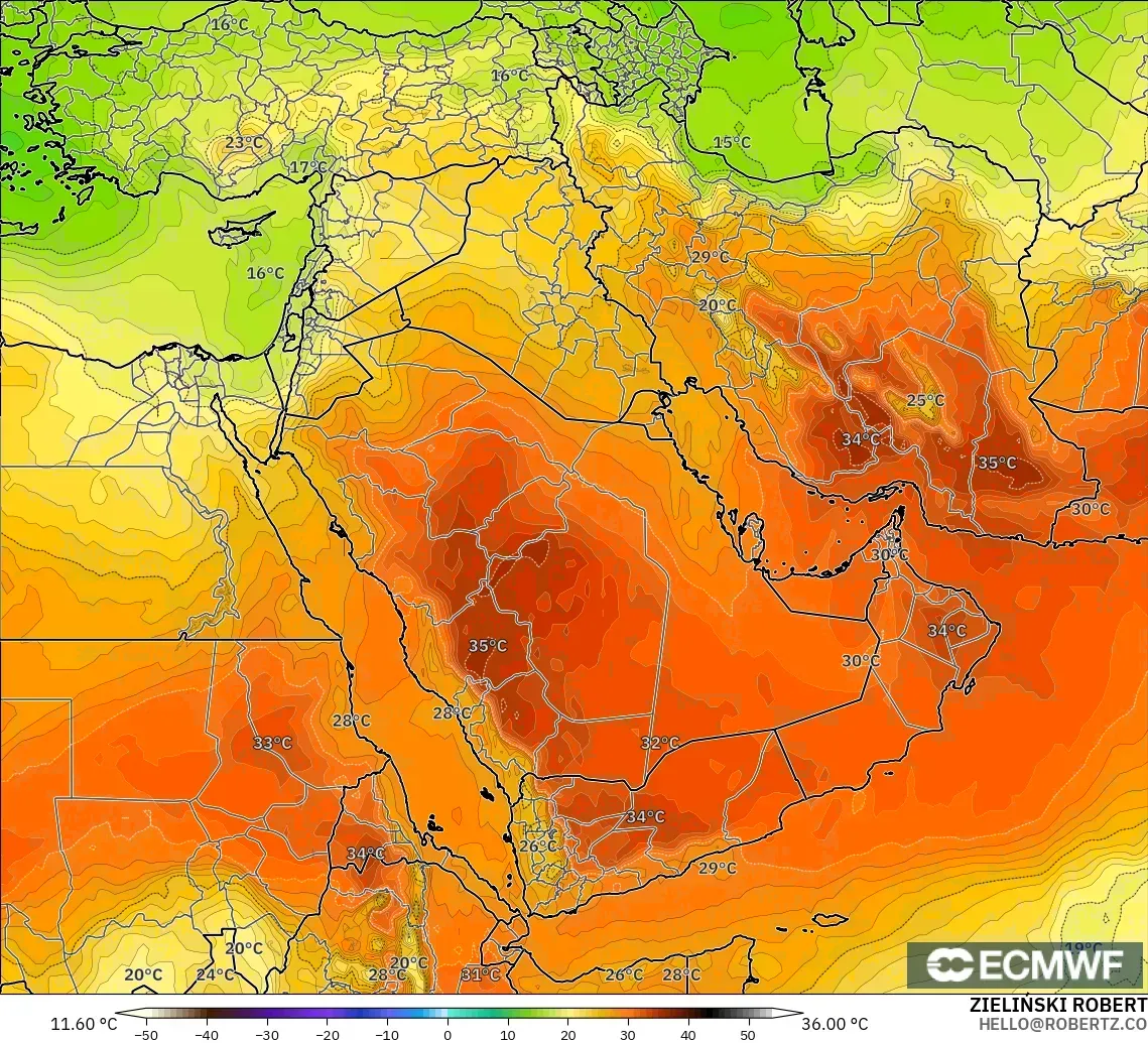 ECMWF IFS 0.25° modelo - Oriente Medio, Temperatura a 850 hPa