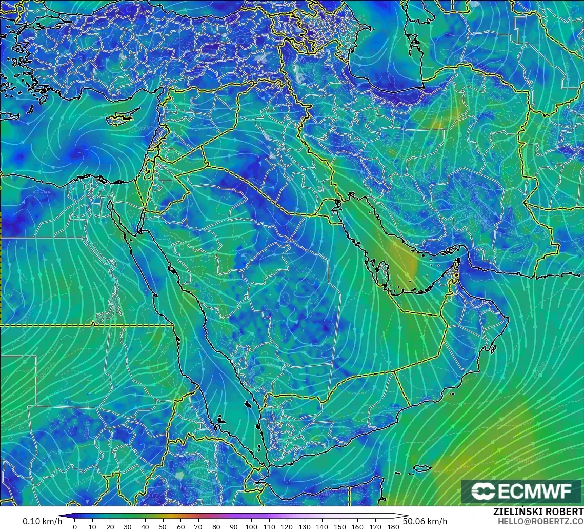 ECMWF IFS 0.25° modelo - Oriente Medio, Viento a 10 m