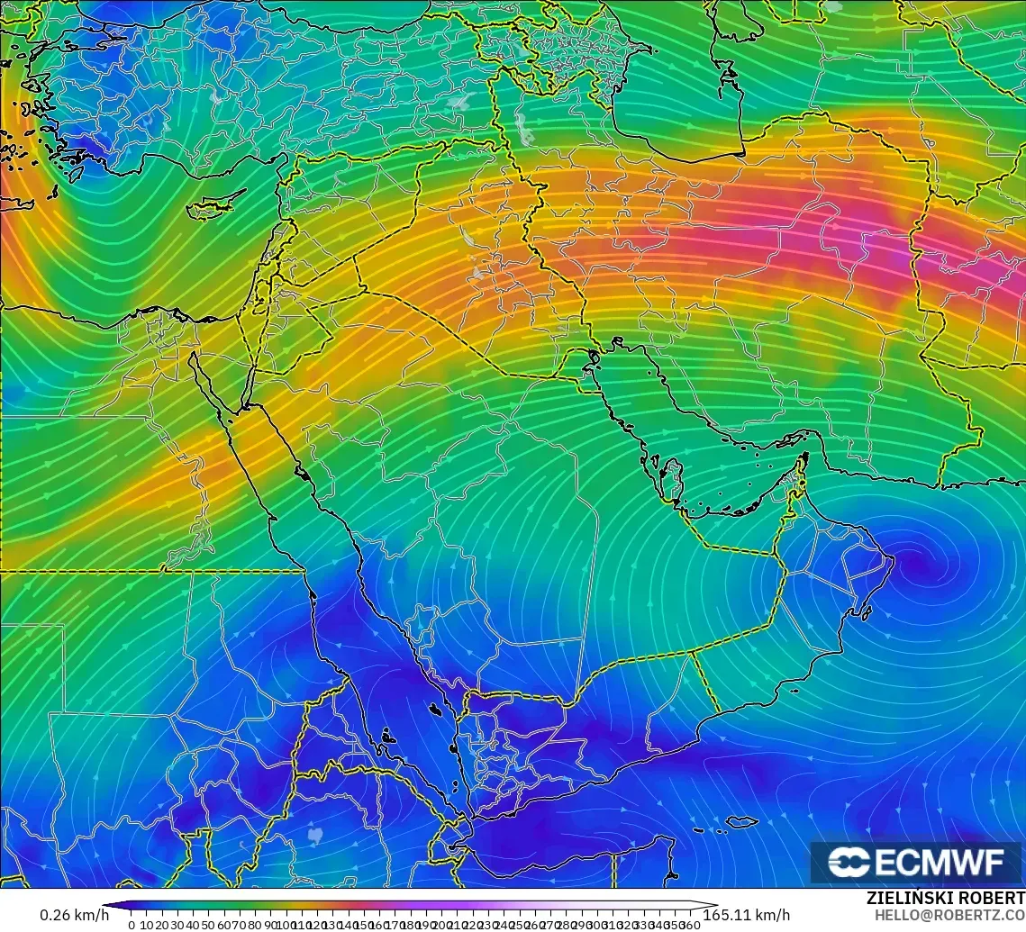 ECMWF IFS 0.25° modelo - Oriente Medio, Viento a 300 hPa (corriente en chorro)