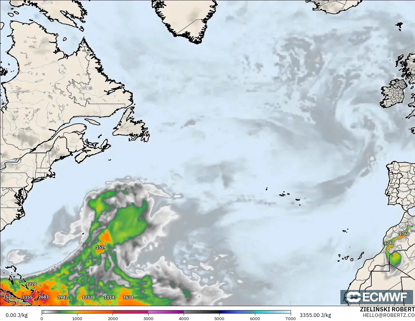 ECMWF IFS 0.25° modelo - Norte Atlántico, CAPE
