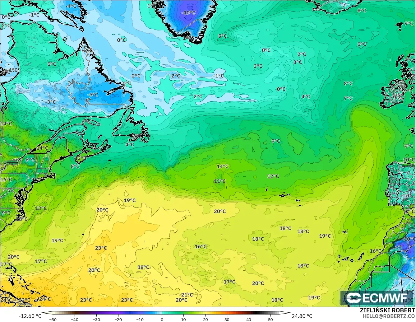 ECMWF IFS 0.25° modelo - Norte Atlántico, Punto de rocío a 2 m