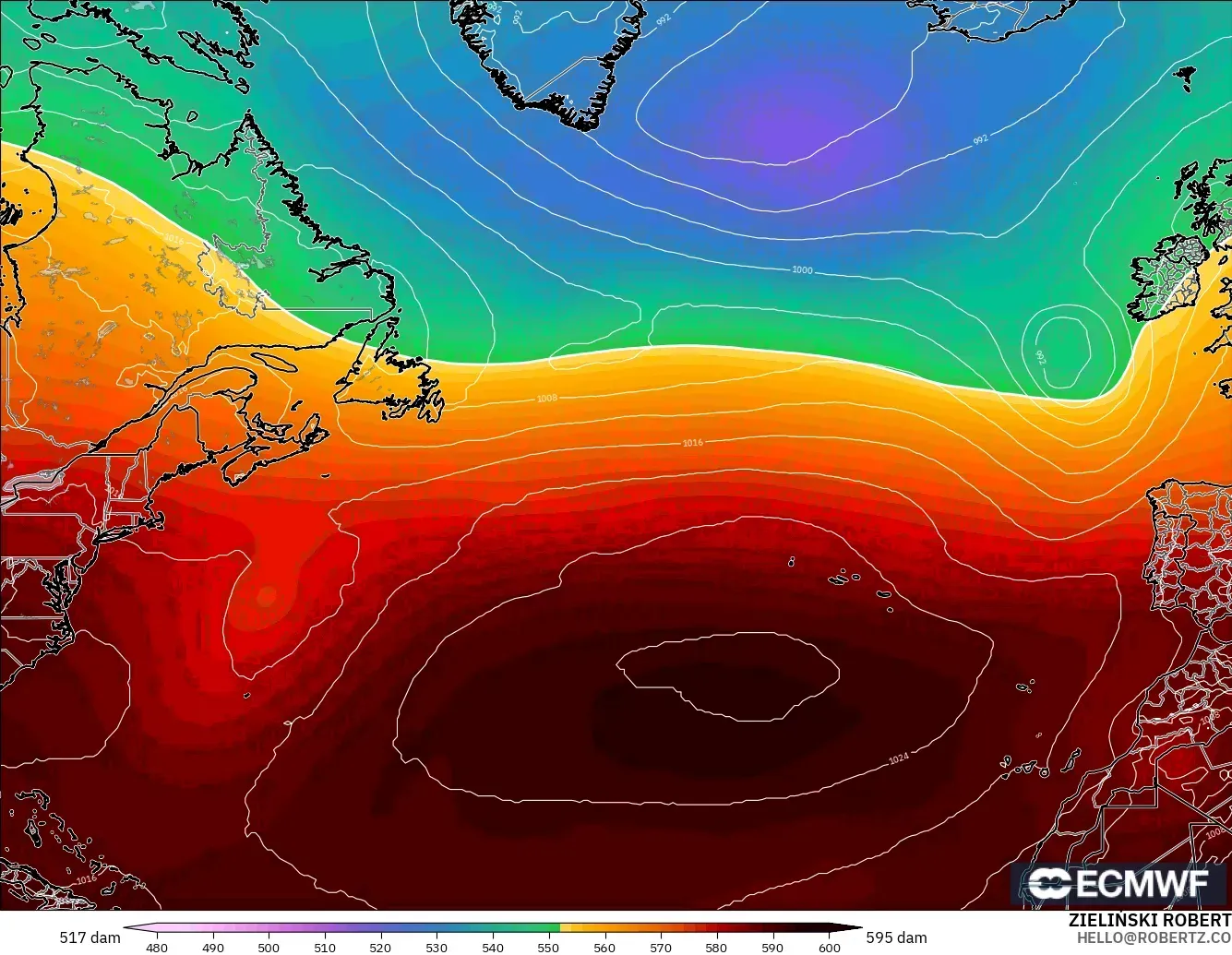 ECMWF IFS 0.25° modelo - Norte Atlántico, Altura geopotencial a 500 hPa