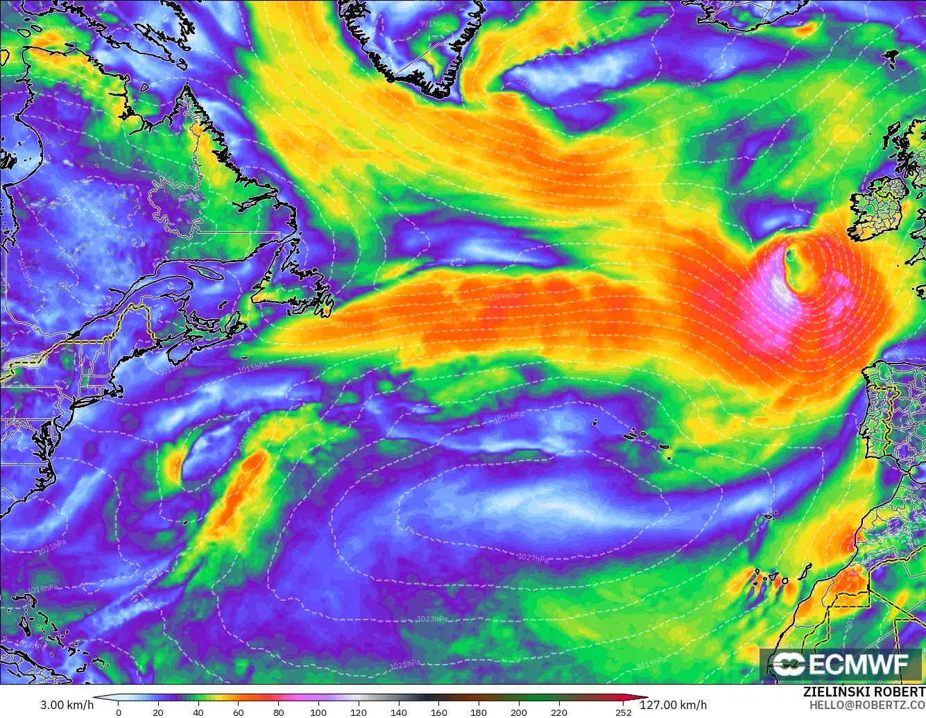 ECMWF IFS 0.25° modelo - Norte Atlántico, Ráfagas de viento