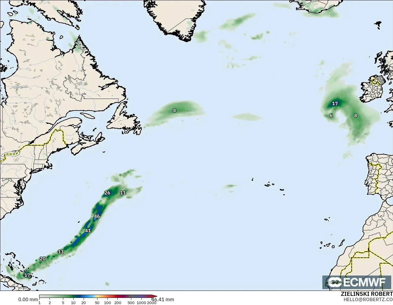 ECMWF IFS 0.25° modelo - Norte Atlántico, Acumulación de precipitación