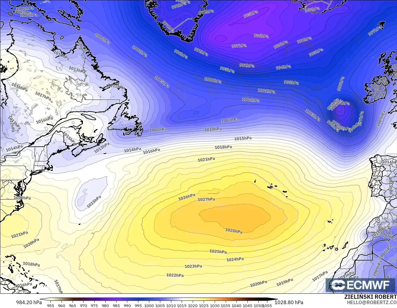 ECMWF IFS 0.25° modelo - Norte Atlántico, Presión