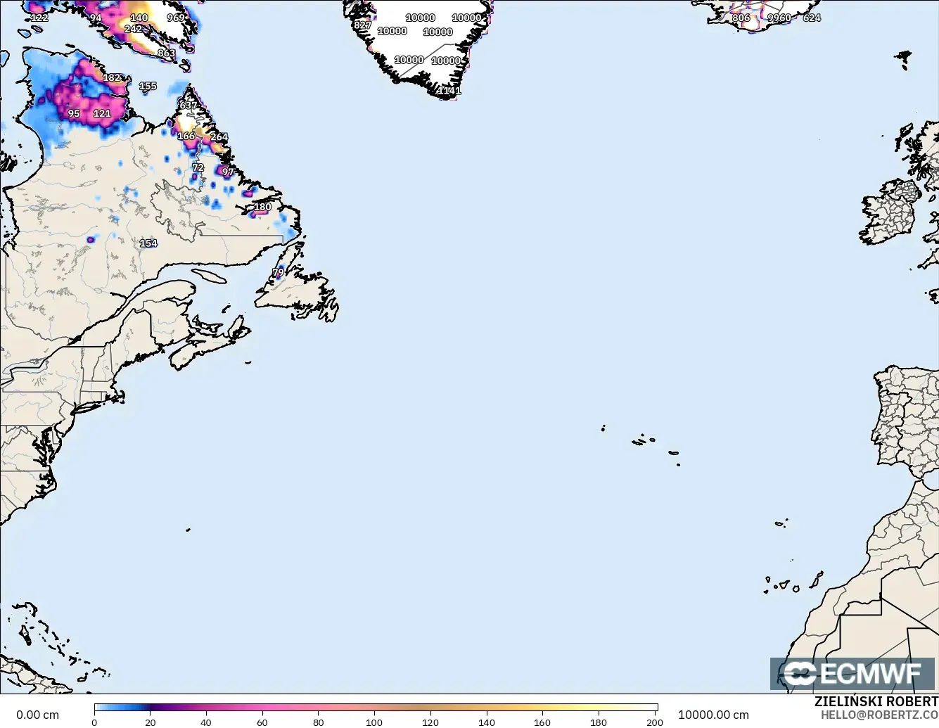 ECMWF IFS 0.25° modelo - Norte Atlántico, Profundidad de nieve