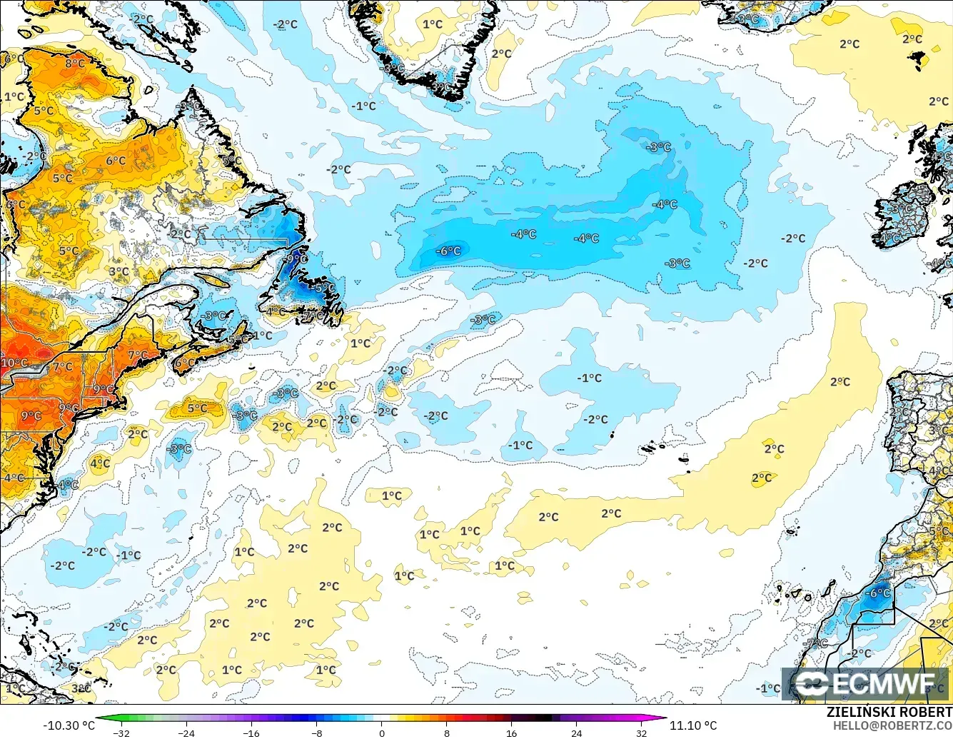 ECMWF IFS 0.25° modelo - Norte Atlántico, Anomalía de temperatura a 2 m