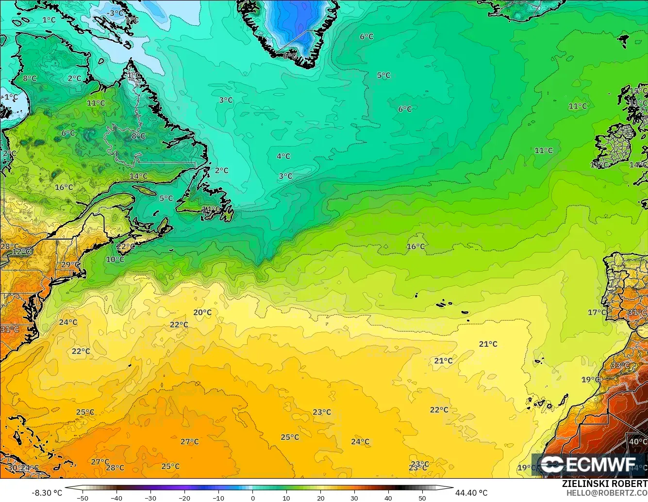 ECMWF IFS 0.25° modelo - Norte Atlántico, Temperatura a 2 m