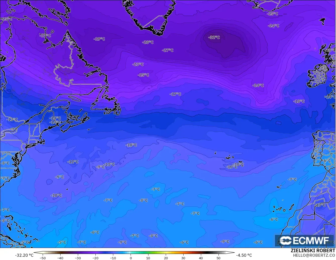 ECMWF IFS 0.25° modelo - Norte Atlántico, Temperatura a 500 hPa