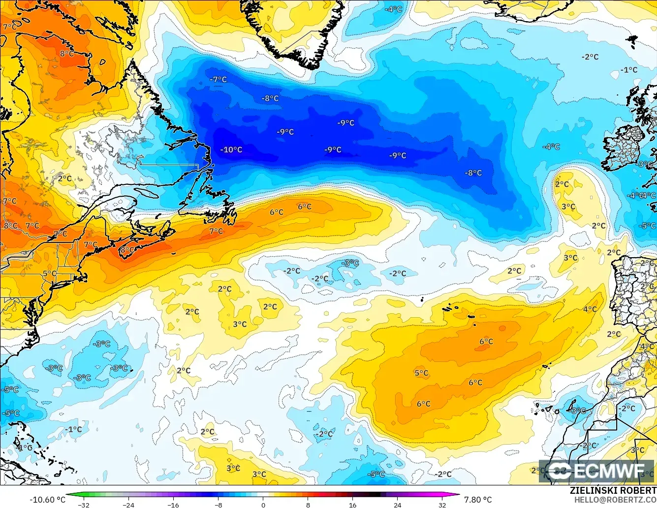 ECMWF IFS 0.25° modelo - Norte Atlántico, Anomalía de temperatura a 850 hPa