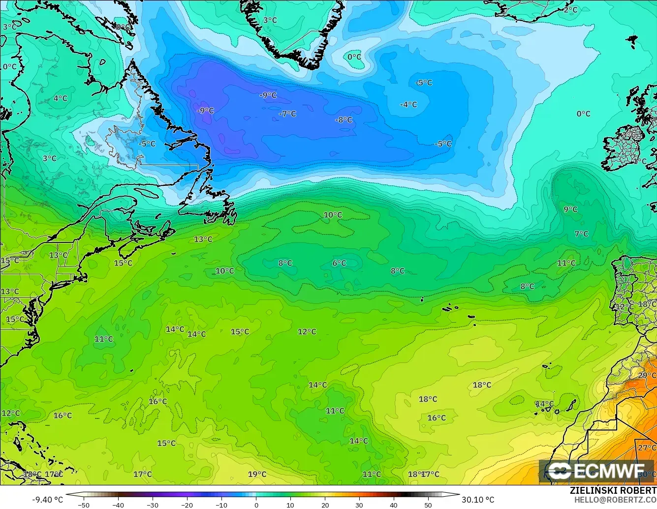 ECMWF IFS 0.25° modelo - Norte Atlántico, Temperatura a 850 hPa