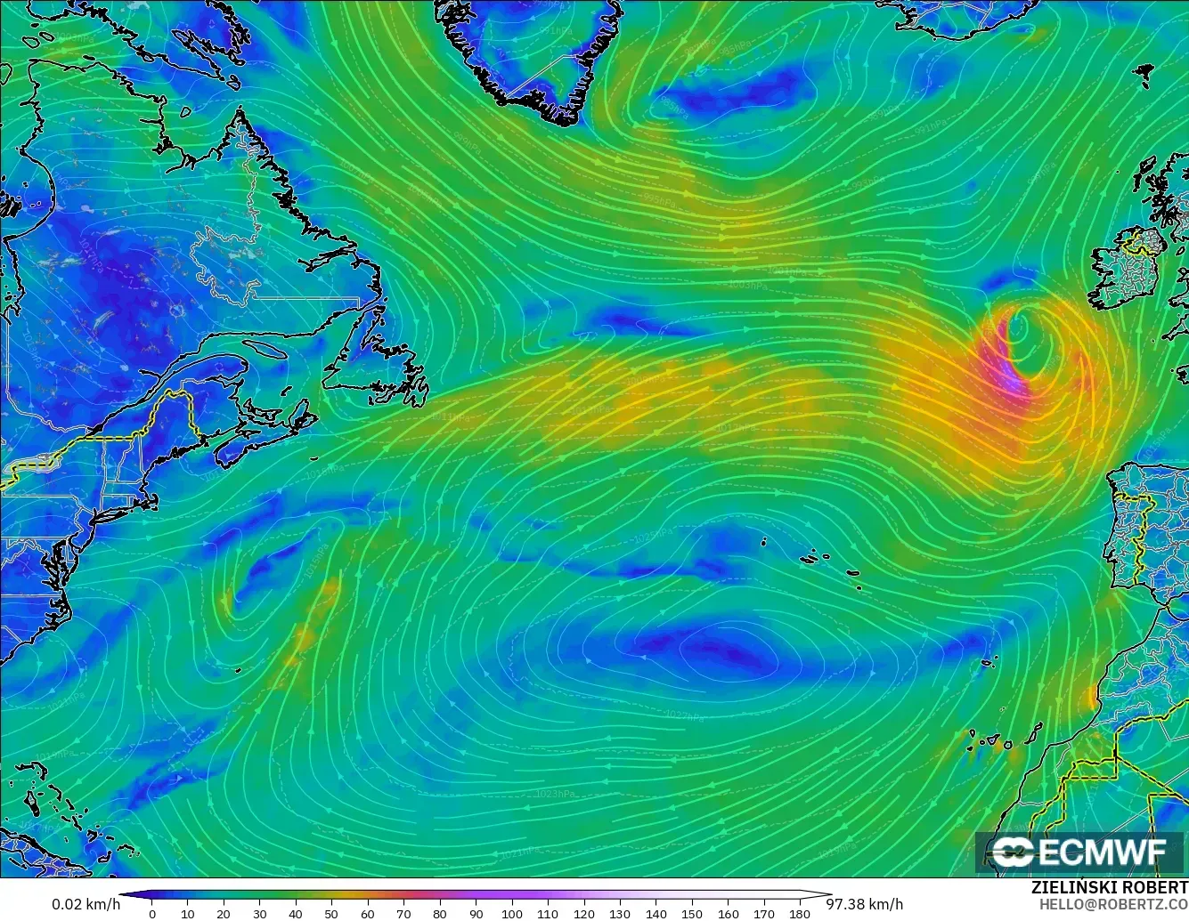 ECMWF IFS 0.25° modelo - Norte Atlántico, Viento a 10 m