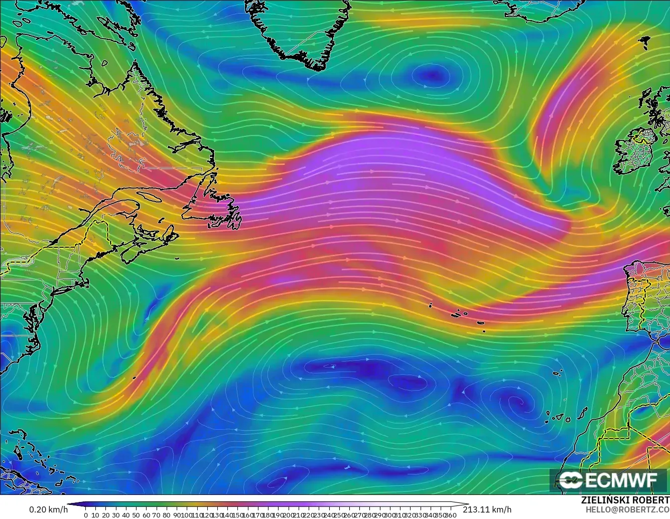 ECMWF IFS 0.25° modelo - Norte Atlántico, Viento a 300 hPa (corriente en chorro)