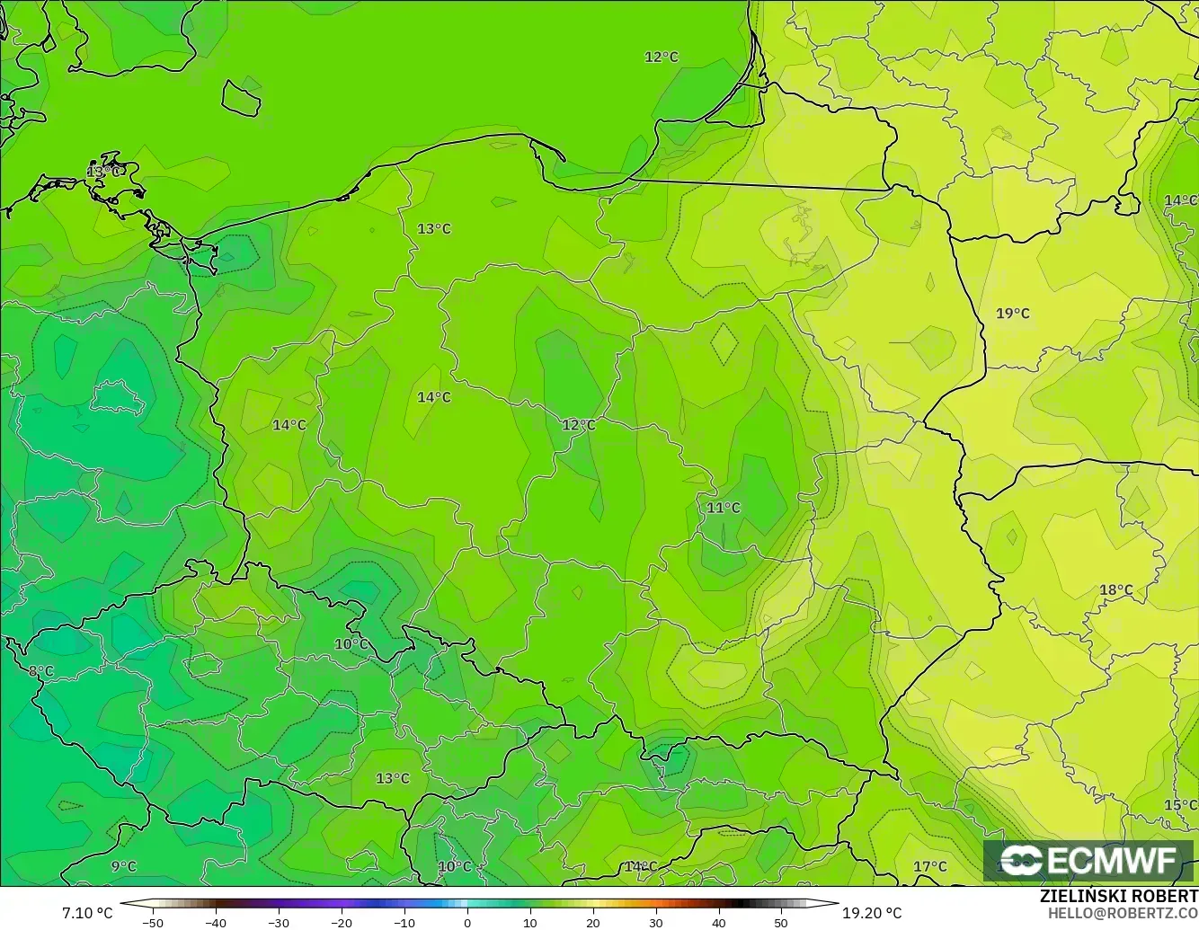 ECMWF IFS 0.25° modelo - Polonia, Punto de rocío a 2 m