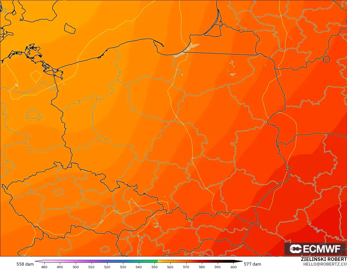 ECMWF IFS 0.25° modelo - Polonia, Altura geopotencial a 500 hPa