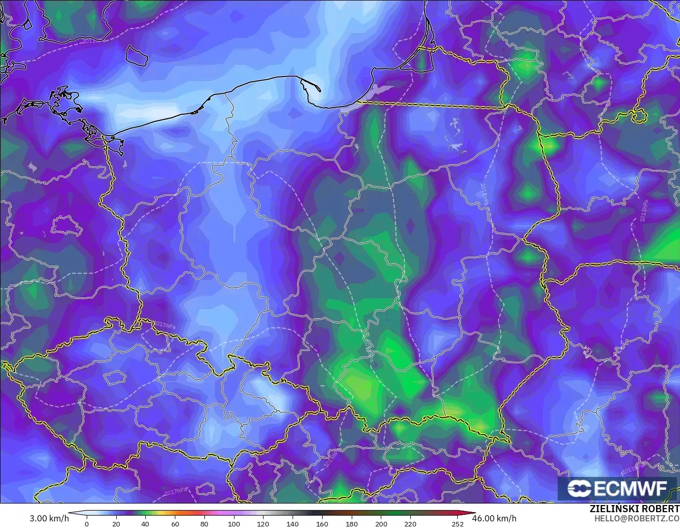ECMWF IFS 0.25° modelo - Polonia, Ráfagas de viento