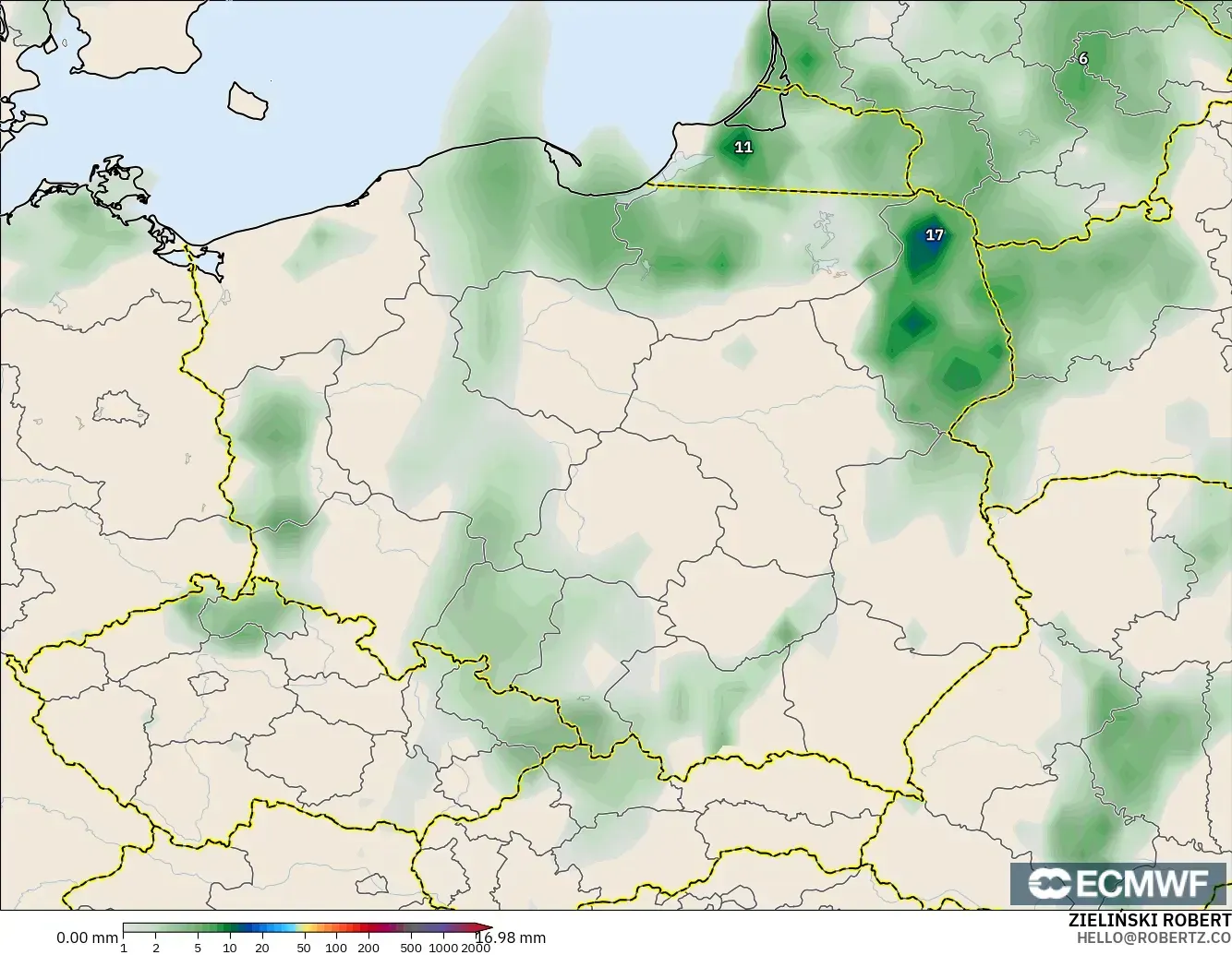ECMWF IFS 0.25° modelo - Polonia, Acumulación de precipitación