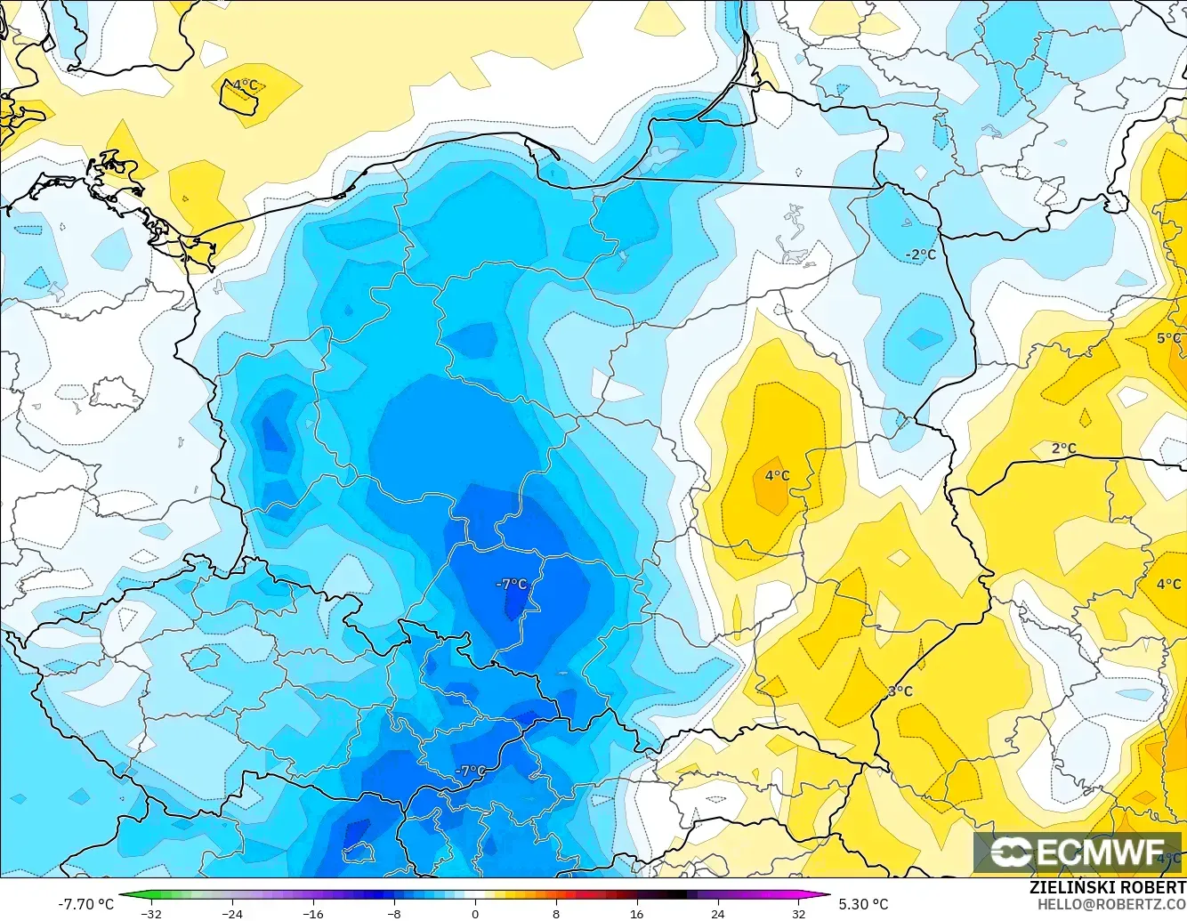 ECMWF IFS 0.25° modelo - Polonia, Anomalía de temperatura a 2 m