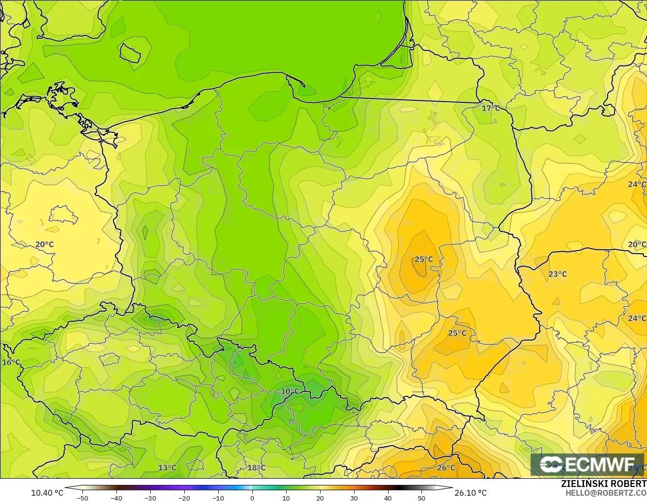 ECMWF IFS 0.25° modelo - Polonia, Temperatura a 2 m
