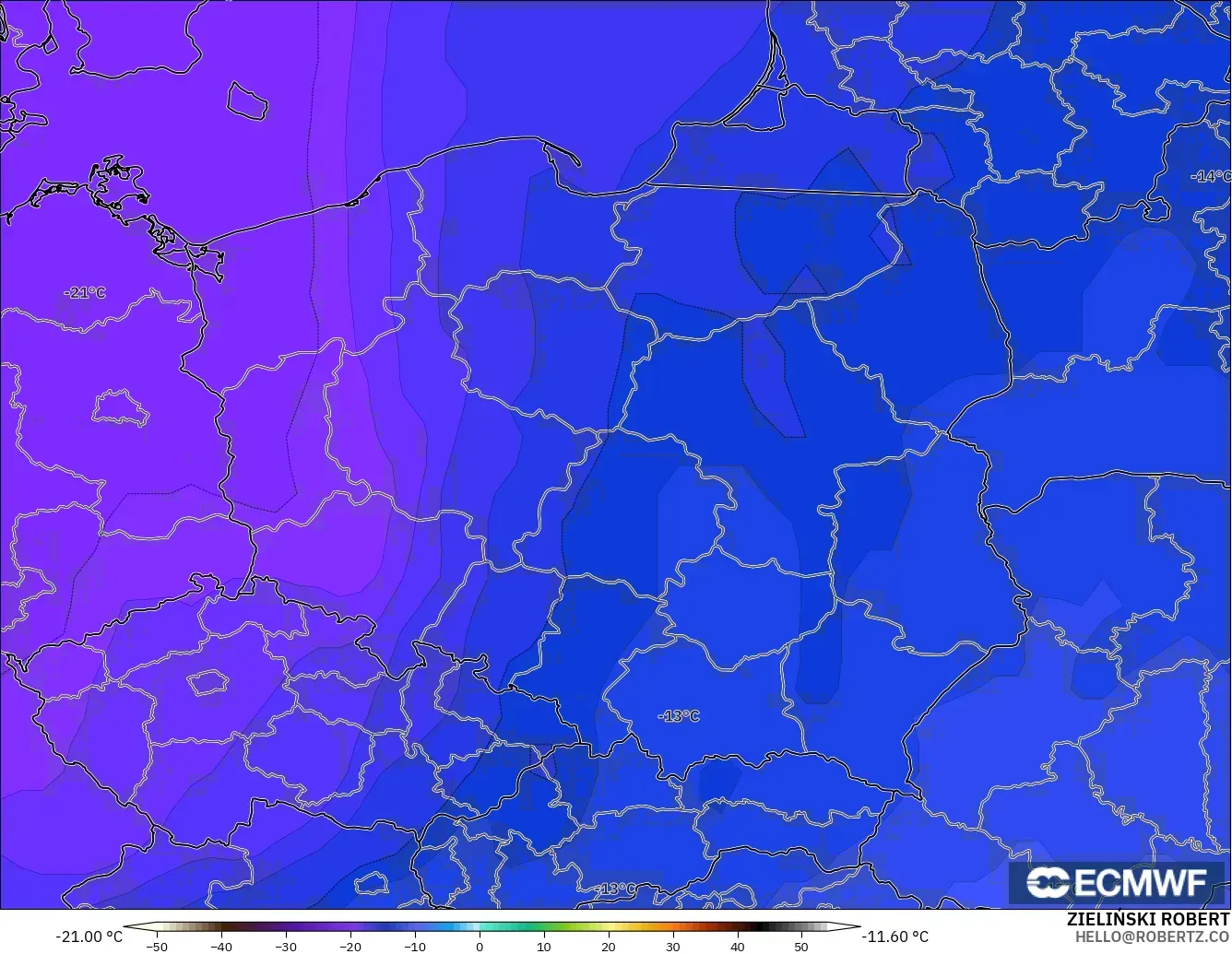 ECMWF IFS 0.25° modelo - Polonia, Temperatura a 500 hPa