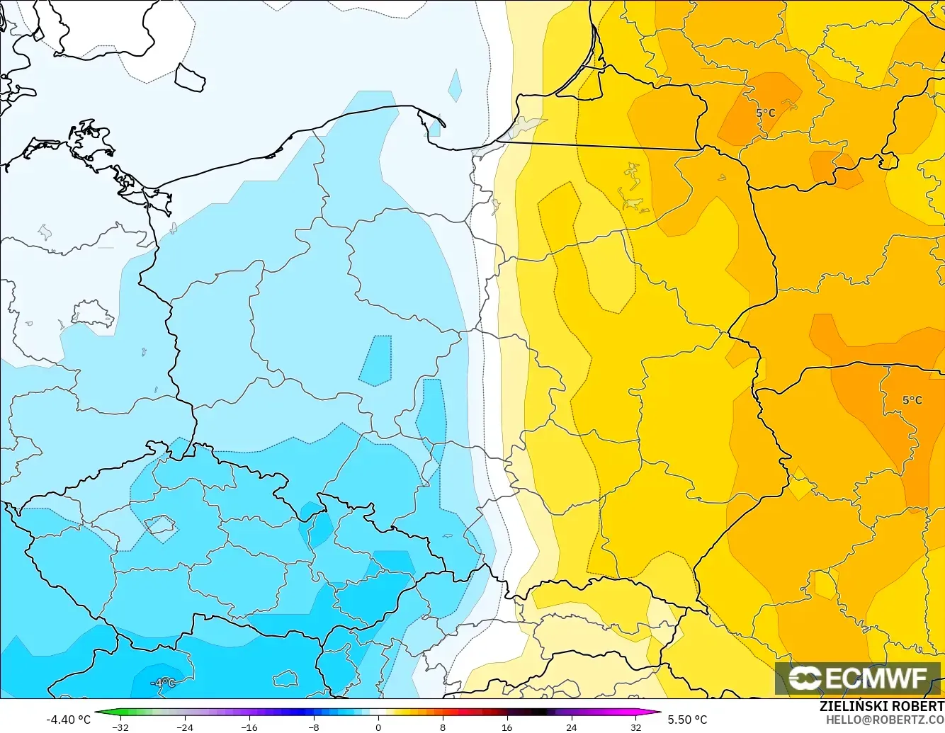 ECMWF IFS 0.25° modelo - Polonia, Anomalía de temperatura a 850 hPa
