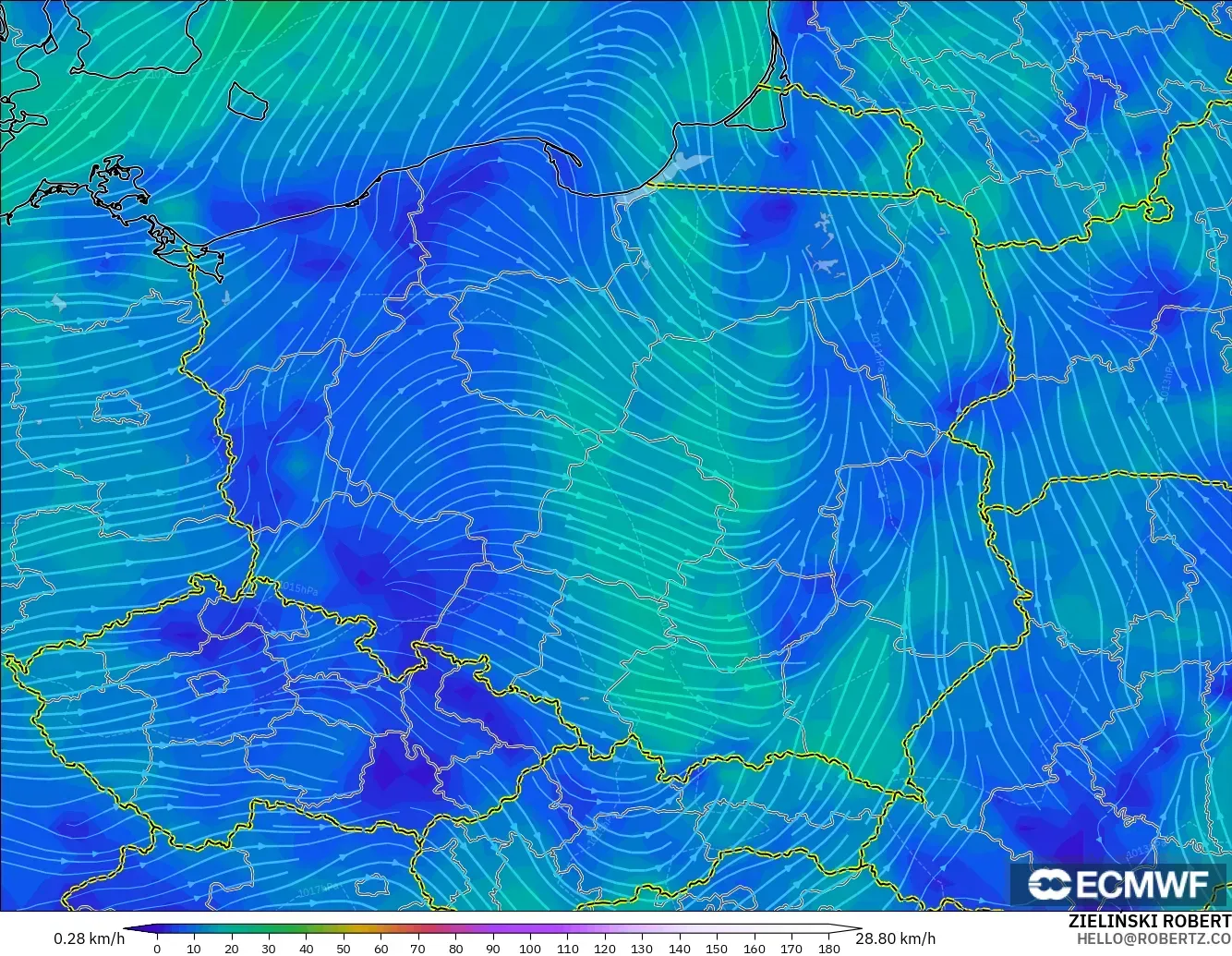 ECMWF IFS 0.25° modelo - Polonia, Viento a 10 m