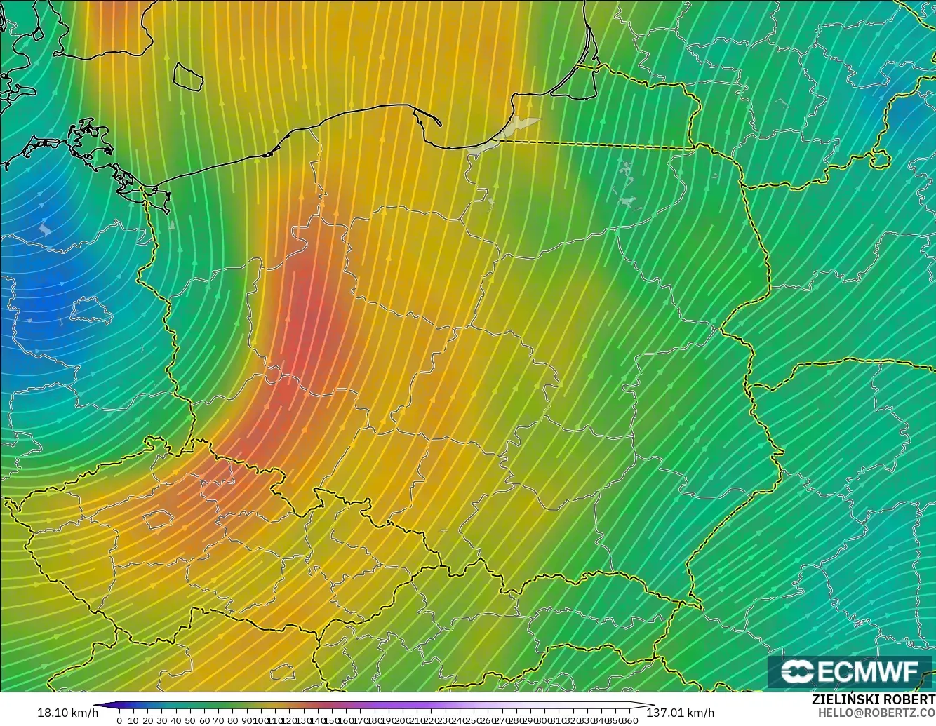 ECMWF IFS 0.25° modelo - Polonia, Viento a 300 hPa (corriente en chorro)