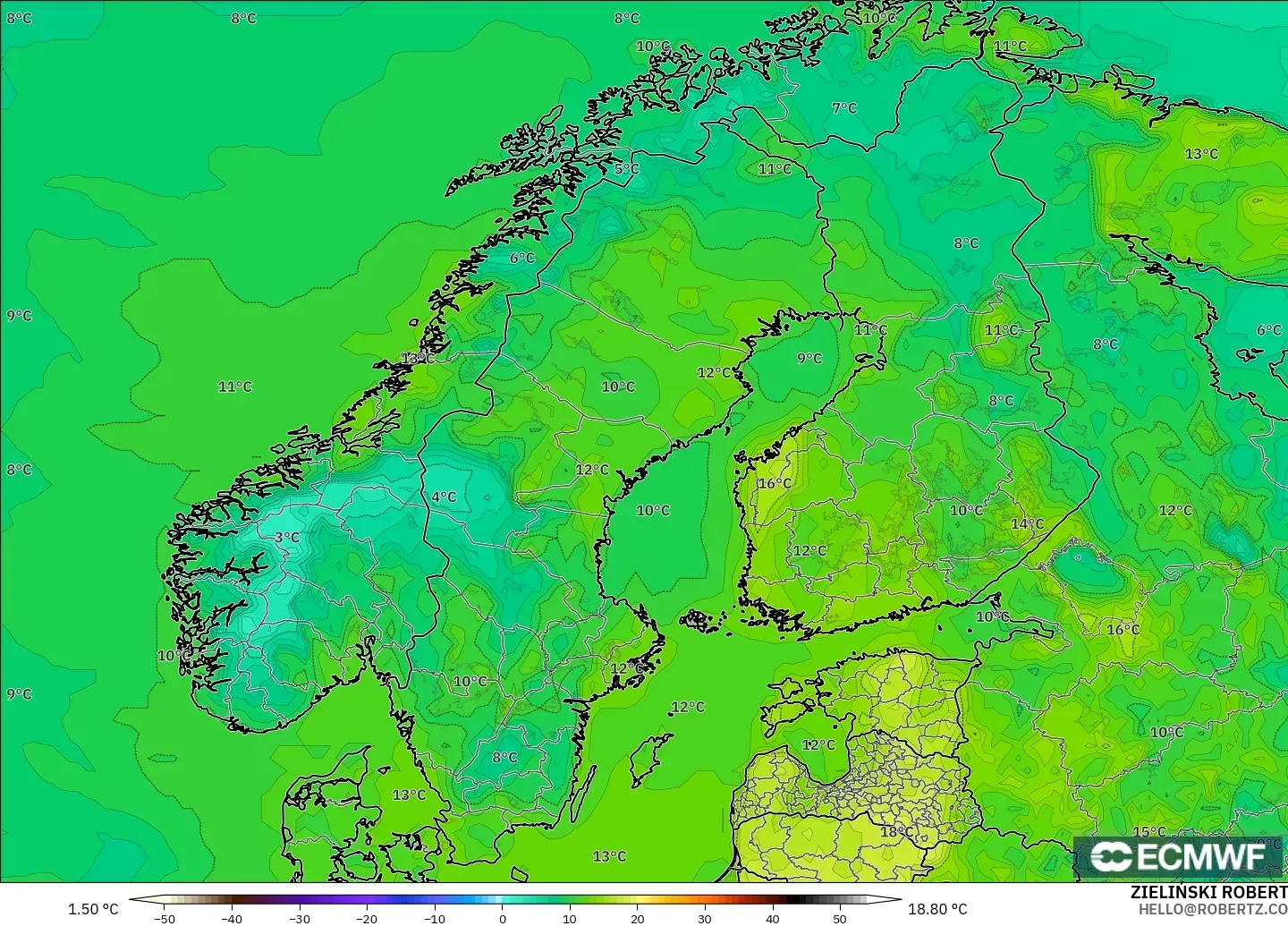 ECMWF IFS 0.25° modelo - Escandinavia, Punto de rocío a 2 m