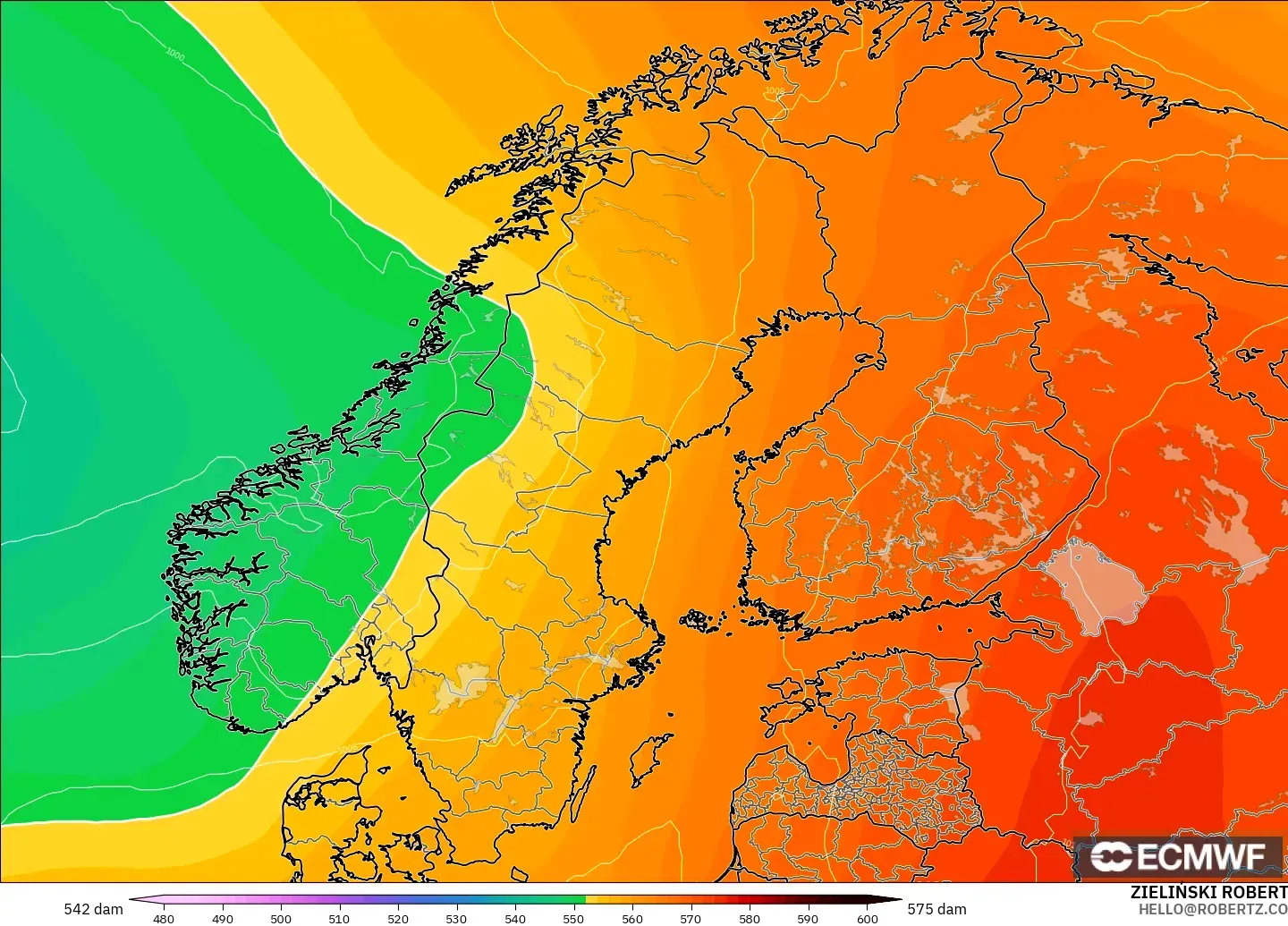 ECMWF IFS 0.25° modelo - Escandinavia, Altura geopotencial a 500 hPa