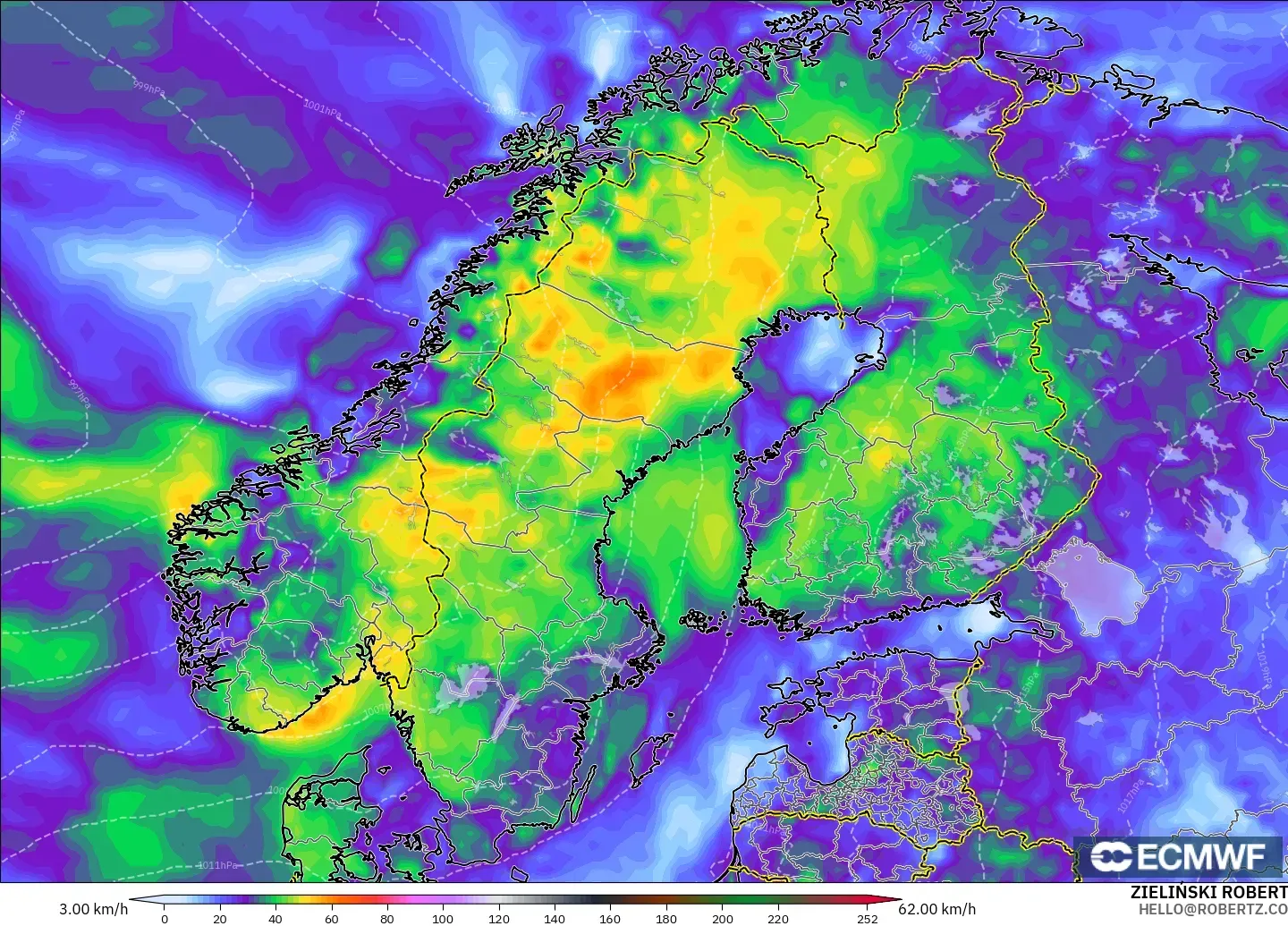 ECMWF IFS 0.25° modelo - Escandinavia, Ráfagas de viento