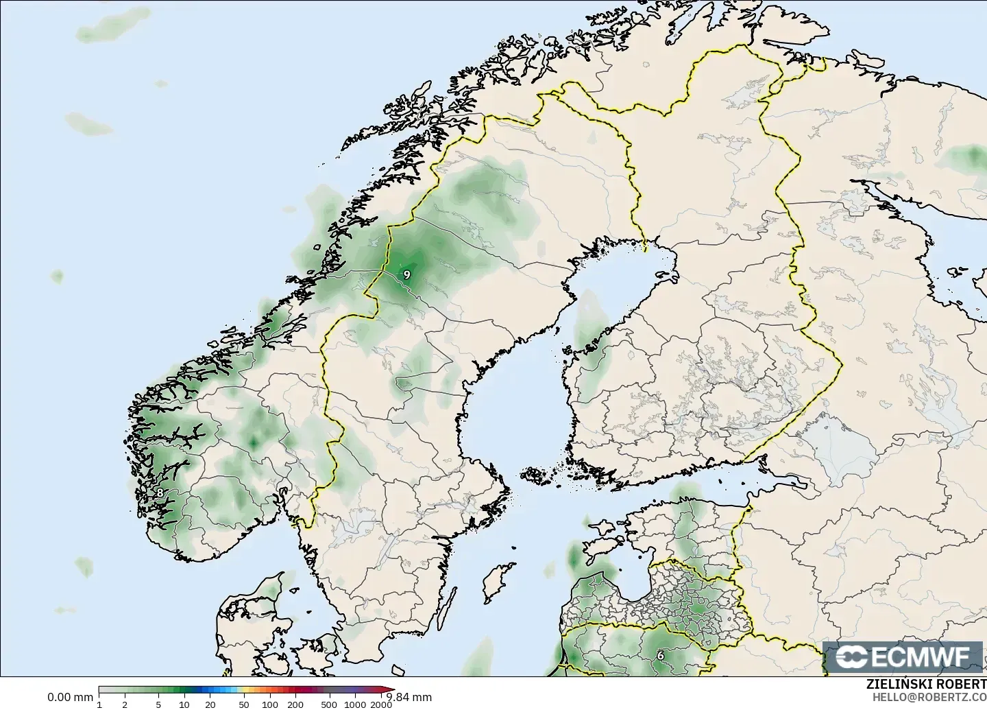 ECMWF IFS 0.25° modelo - Escandinavia, Acumulación de precipitación